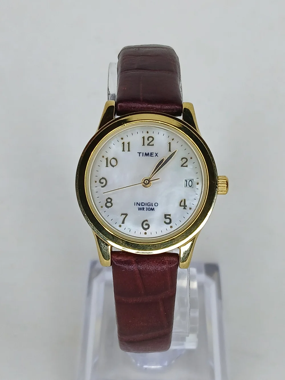 Timex Indiglo Womens Gold Tone MOP Dial Date Brown Leather Band Watch WR 30m